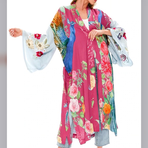 The Marie Antoinette Boho Double Layer Luxury Kimono Duster In Bird Floral Print - Picture 9 of 13
